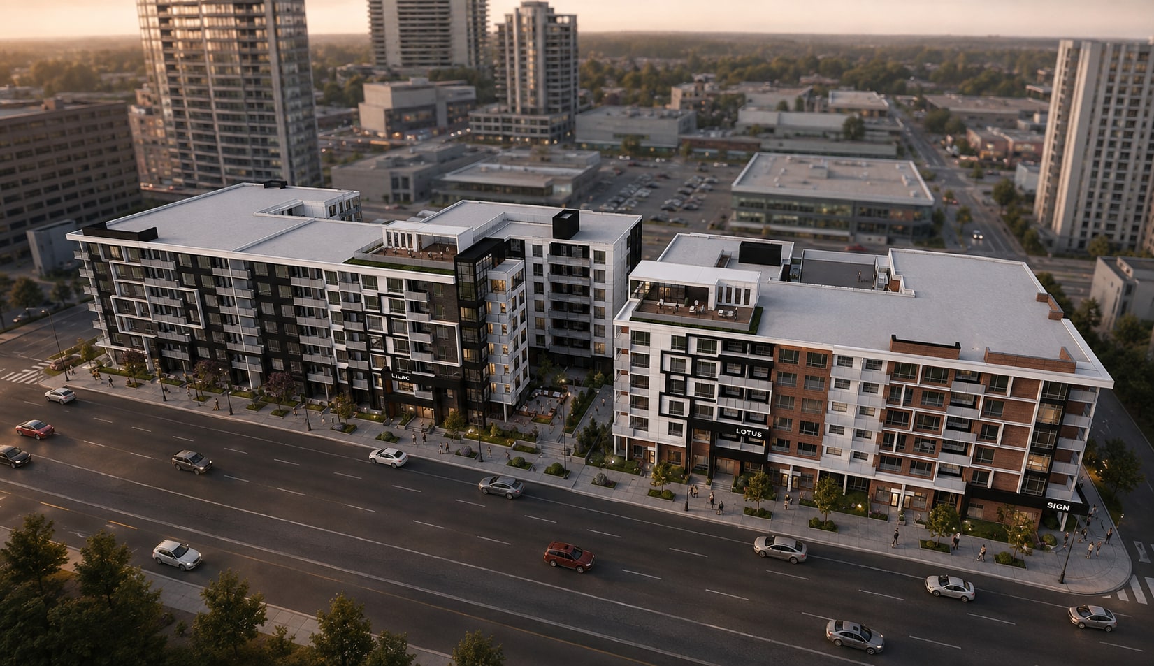 Aerial view of Lilac Park and neighbouring Lotus Park, with rooftop terraces