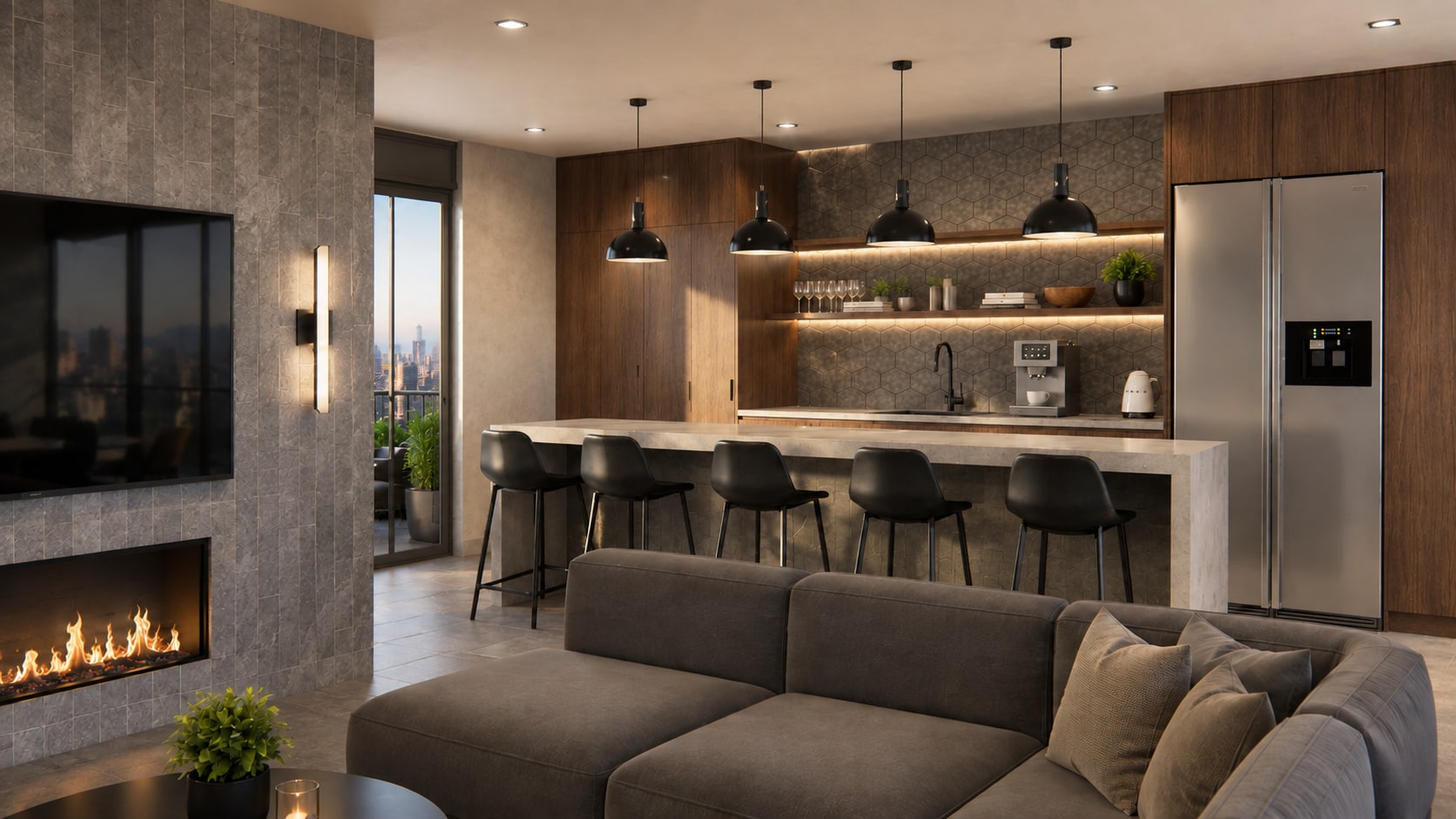 Resident amenity lounge with fireplace, island seating, and a full kitchen