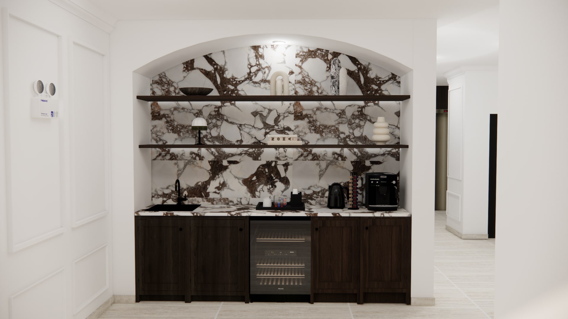 Resident coffee station with marble backsplash and dark wood cabinetry