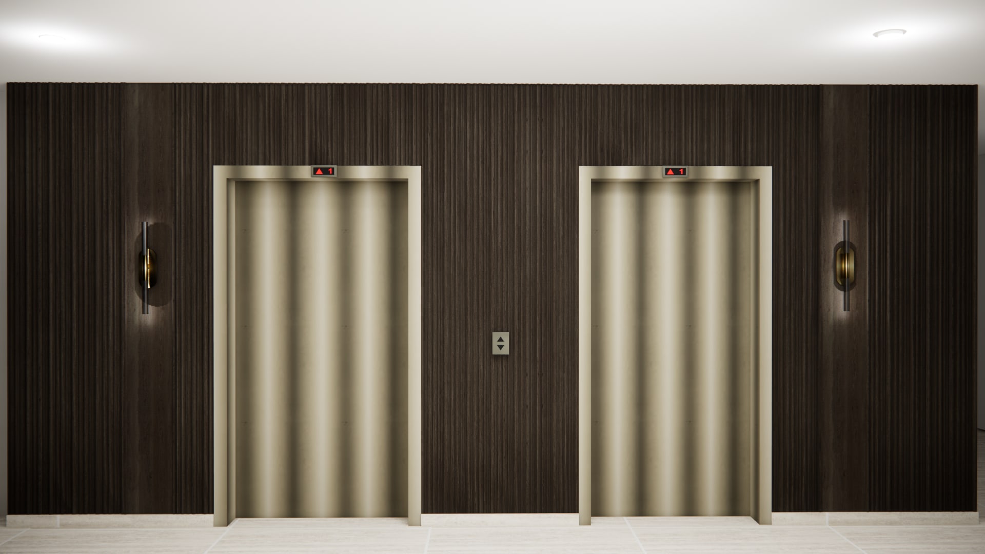 Elevator lobby with fluted dark wood panelling and brass sconces