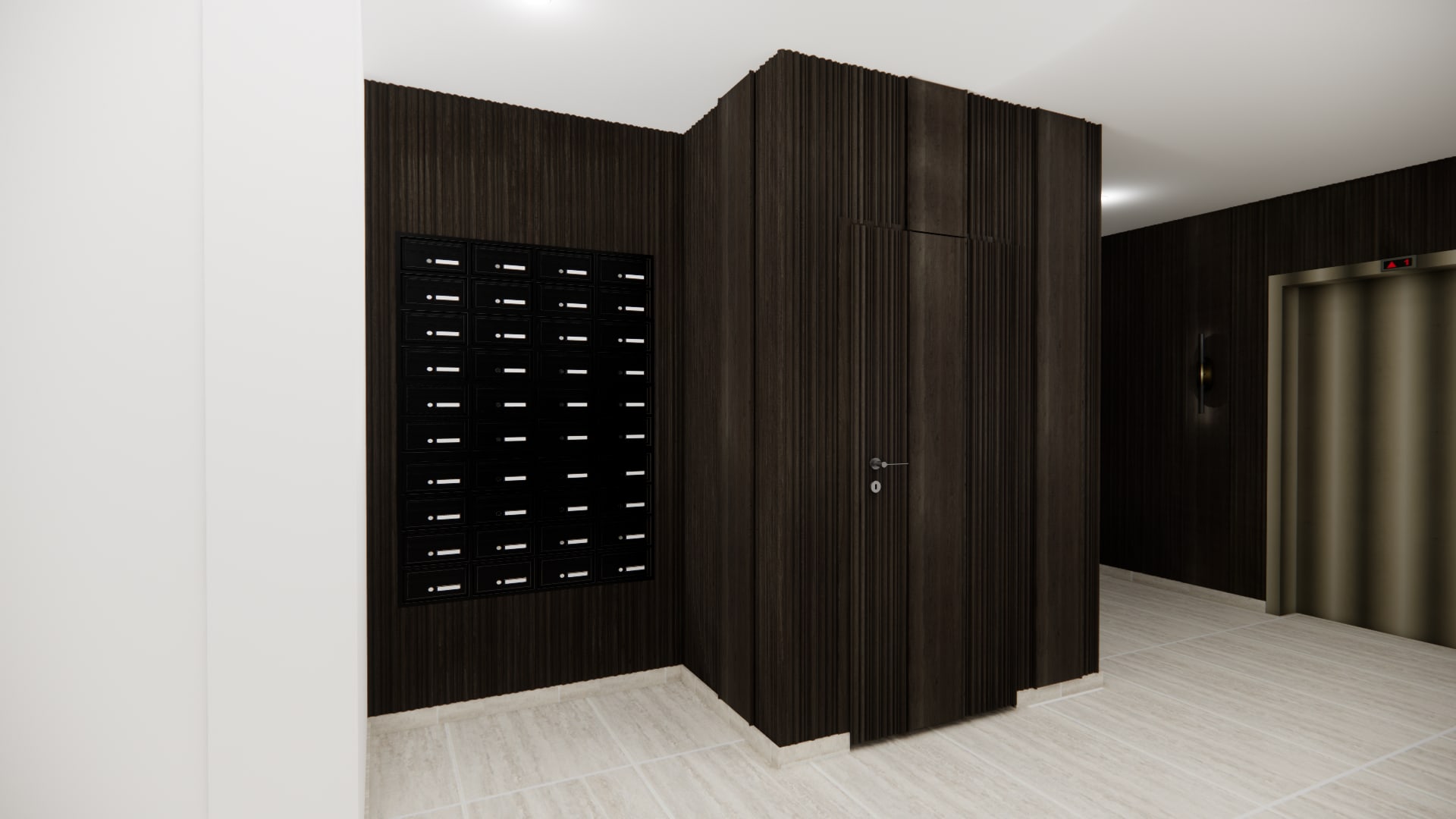 Mail room with resident mailboxes set into fluted dark wood panelling