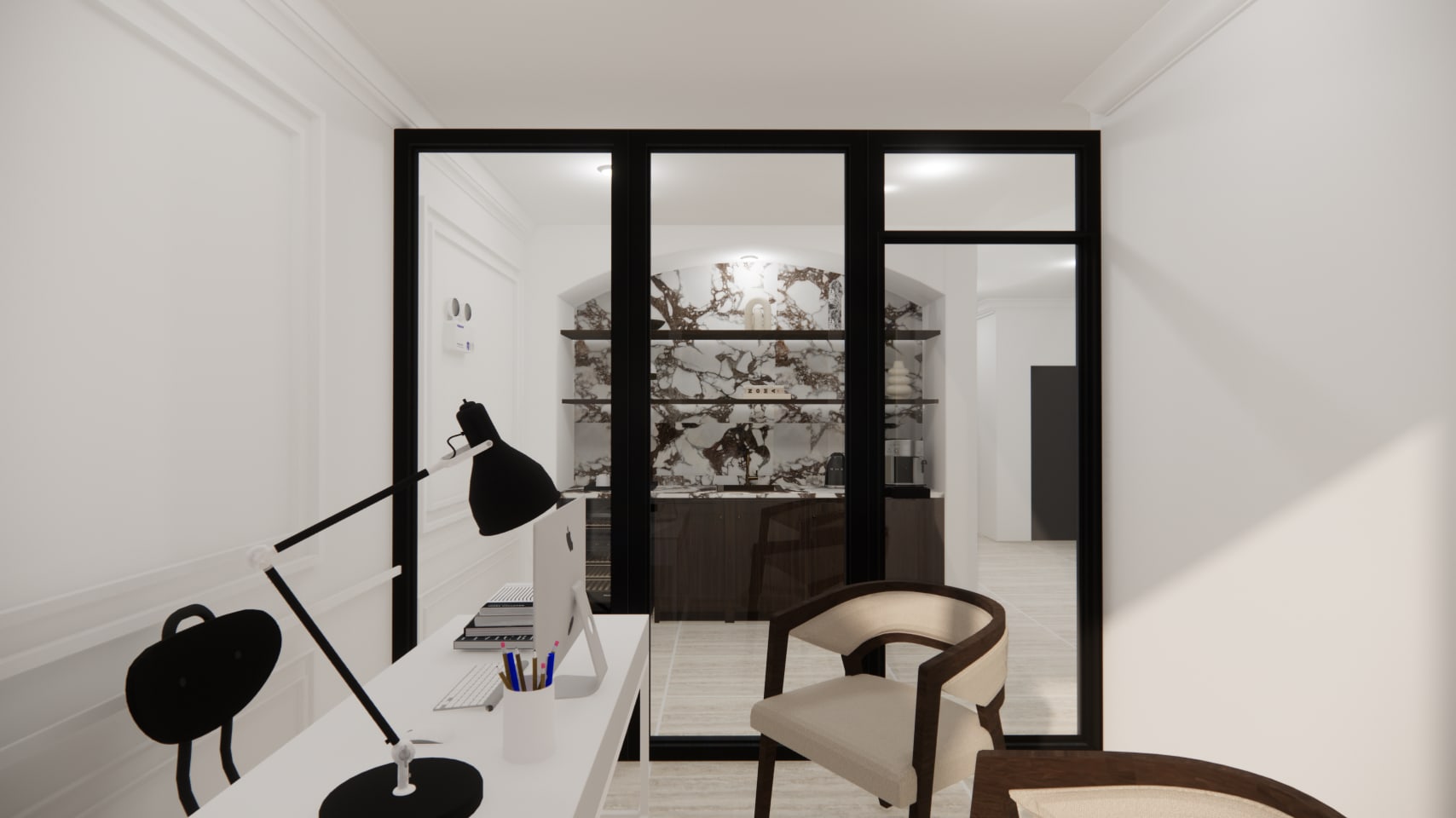 Resident work room with a desk behind black-framed glass partitions